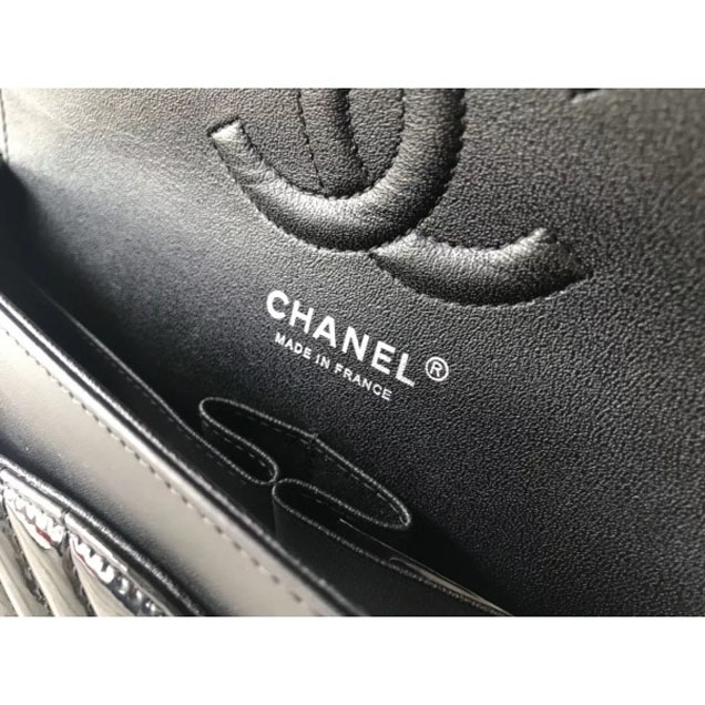 Chanel Patent Metallic Crumpled Calfskin Chevron Classic Flap Medium Bag Black 2018