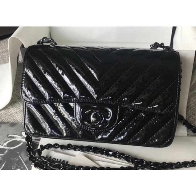 Chanel Patent Metallic Crumpled Calfskin Chevron Classic Flap Small Bag Black 2018