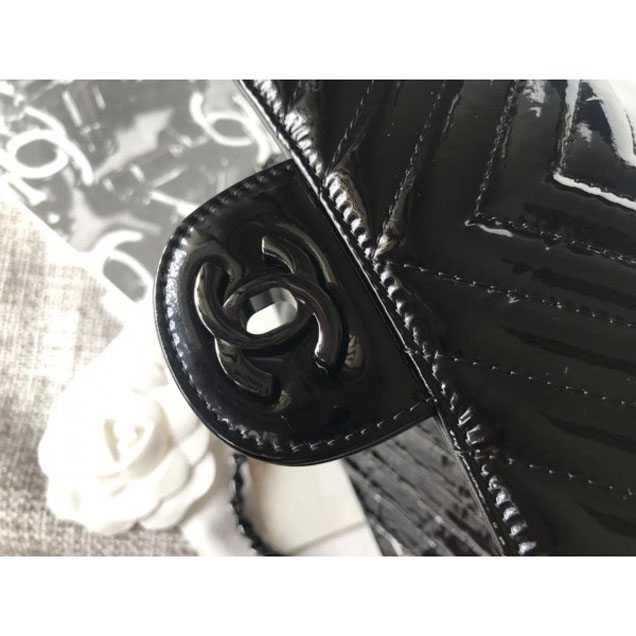 Chanel Patent Metallic Crumpled Calfskin Chevron Classic Flap Small Bag Black 2018