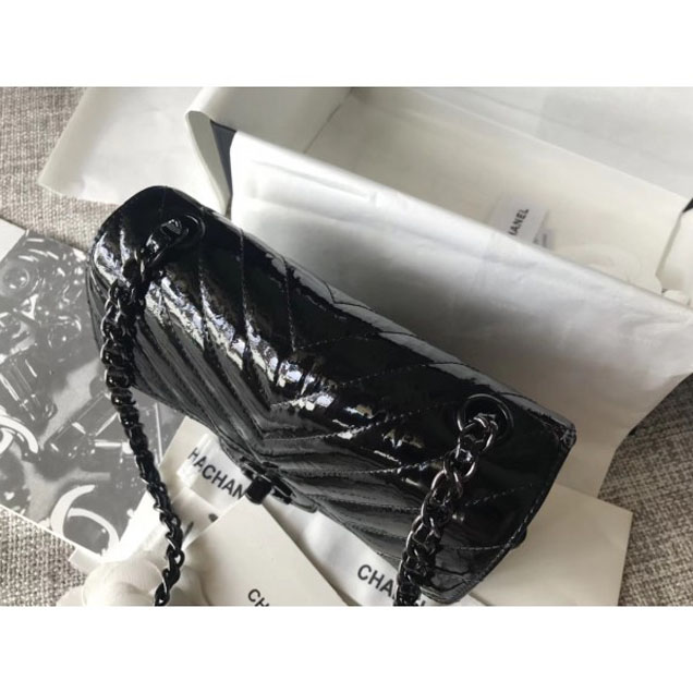 Chanel Patent Metallic Crumpled Calfskin Chevron Classic Flap Small Bag Black 2018