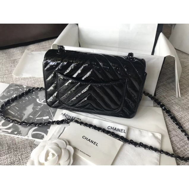 Chanel Patent Metallic Crumpled Calfskin Chevron Classic Flap Small Bag Black 2018