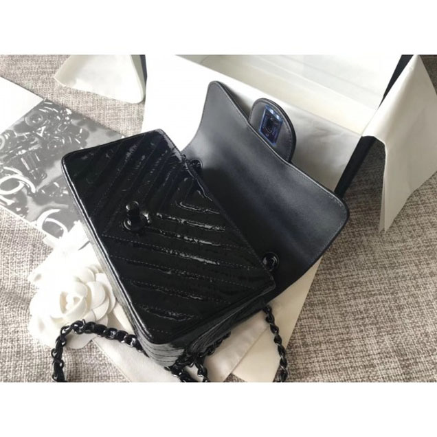 Chanel Patent Metallic Crumpled Calfskin Chevron Classic Flap Small Bag Black 2018