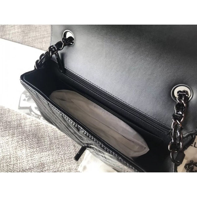 Chanel Patent Metallic Crumpled Calfskin Chevron Classic Flap Small Bag Black 2018
