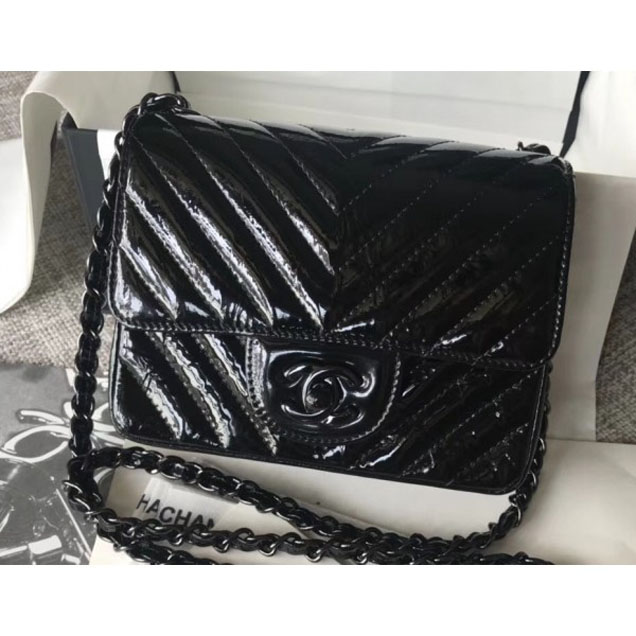 Chanel Patent Metallic Crumpled Calfskin Chevron Classic Flap Mini Bag Black 2018