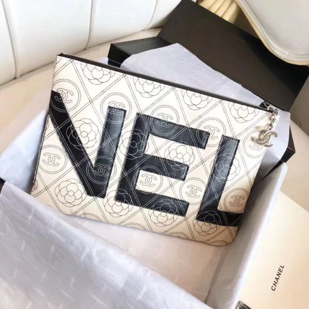 Chanel Printed Canvas Maxi Pouch Clutch Bag A70214 Black/Beige 2018