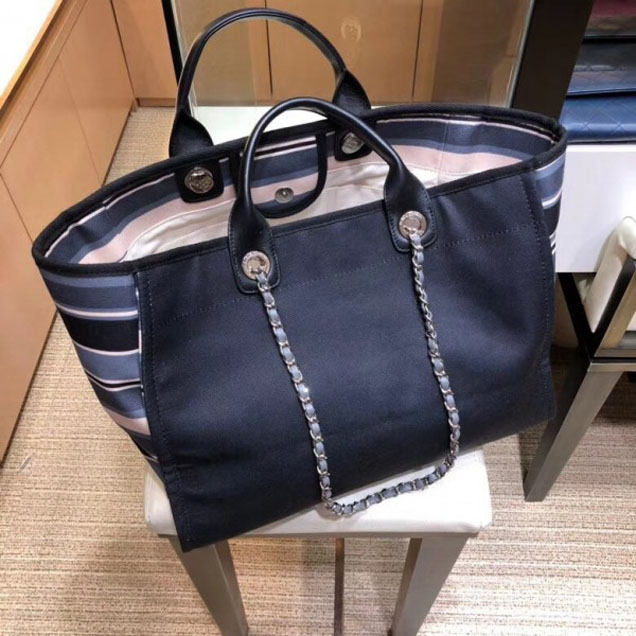 Chanel Canvas Deauville Shopping Bag A66941 Black/Stripe 2018