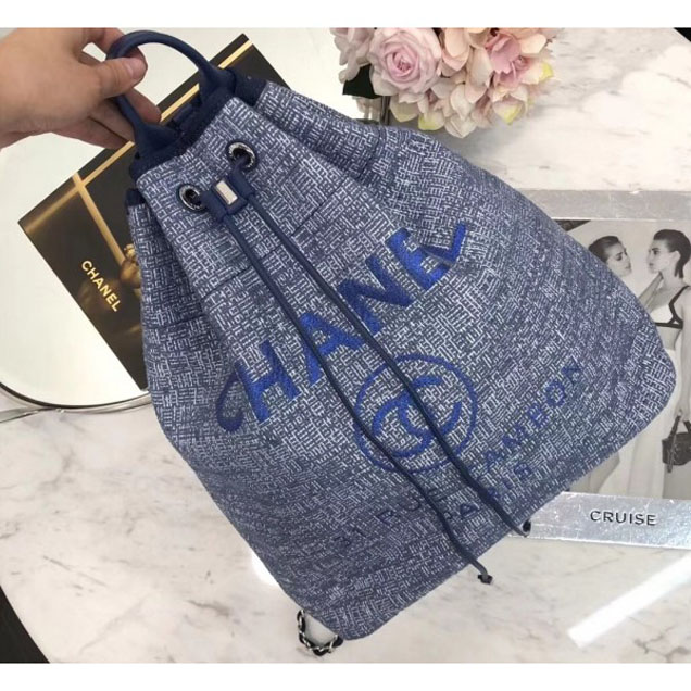 Chanel Golden Silk Thread Deauville Canvas Backpack Bag A93787 Blue 2018