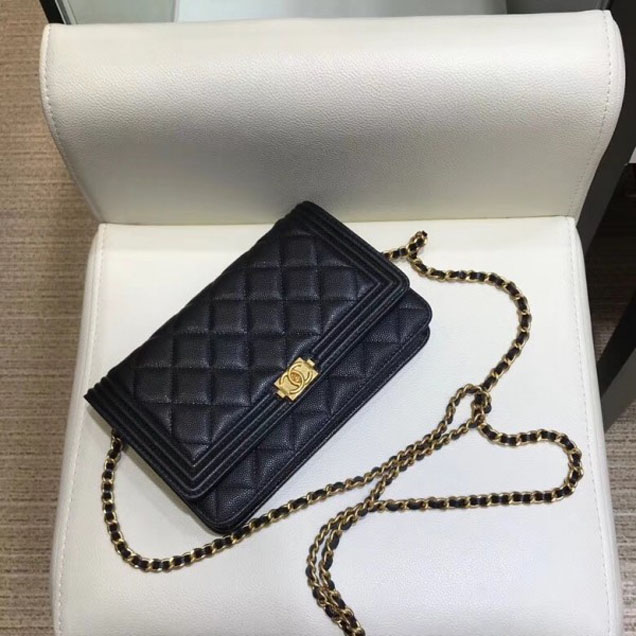 Chanel Shine Gold Hardware Caviar Boy Wallet On Chain WOC Bag Black 2018