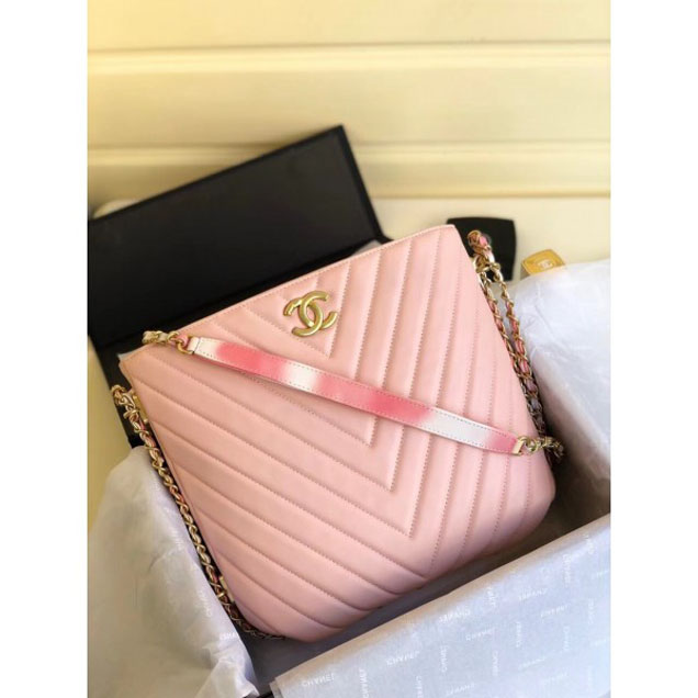 Chanel Chevron Multicolor Chain Bucket Bag Pink 2018