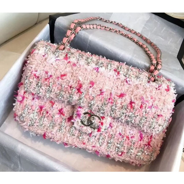 Chanel Tweed Sequins Medium Flap Bag Pink 2018