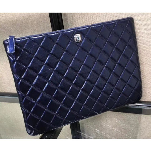 Chanel Metallic Aged Lambskin Large Pouch Clutch Bag Blue 2018