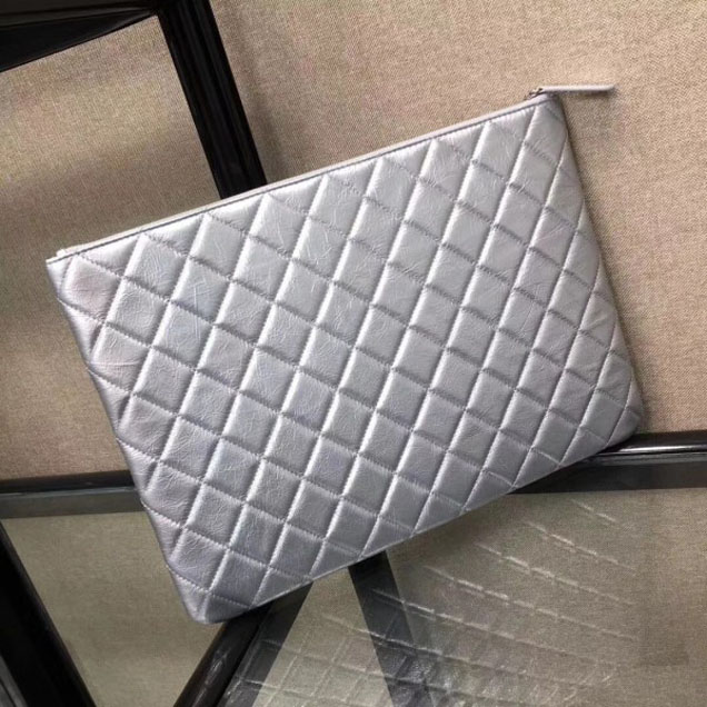 Chanel Metallic Aged Lambskin Large Pouch Clutch Bag Silver 2018