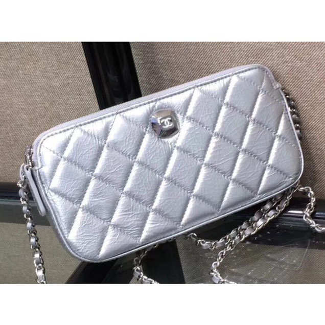 Chanel Metallic Aged Lambskin Clutch Bag with Chain A84509 Silver 2018