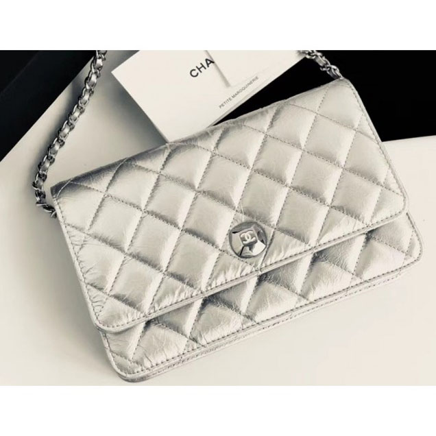 Chanel Metallic Aged Lambskin Wallet On Chain WOC Bag A84510 Silver 2018