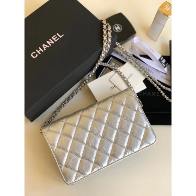 Chanel Metallic Aged Lambskin Wallet On Chain WOC Bag A84510 Silver 2018