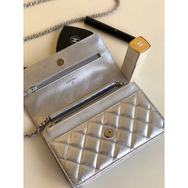 Chanel Metallic Aged Lambskin Wallet On Chain WOC Bag A84510 Silver 2018