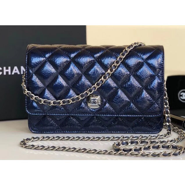 Chanel Metallic Aged Lambskin Wallet On Chain WOC Bag A84510 Blue 2018