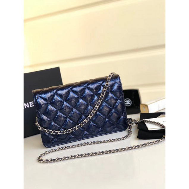 Chanel Metallic Aged Lambskin Wallet On Chain WOC Bag A84510 Blue 2018