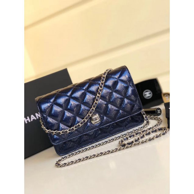 Chanel Metallic Aged Lambskin Wallet On Chain WOC Bag A84510 Blue 2018