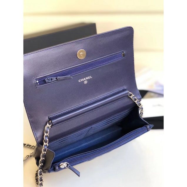 Chanel Metallic Aged Lambskin Wallet On Chain WOC Bag A84510 Blue 2018
