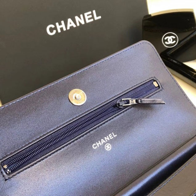 Chanel Metallic Aged Lambskin Wallet On Chain WOC Bag A84510 Blue 2018