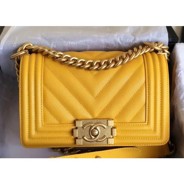 Chanel Caviar Leather Chevron Boy Flap Shoulder Small Bag Yellow with Gold Hardware 2018