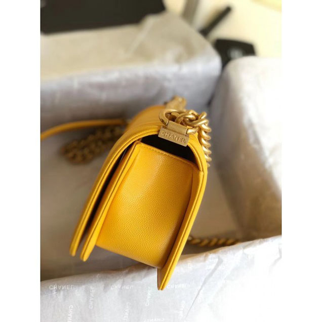 Chanel Caviar Leather Chevron Boy Flap Shoulder Small Bag Yellow with Gold Hardware 2018