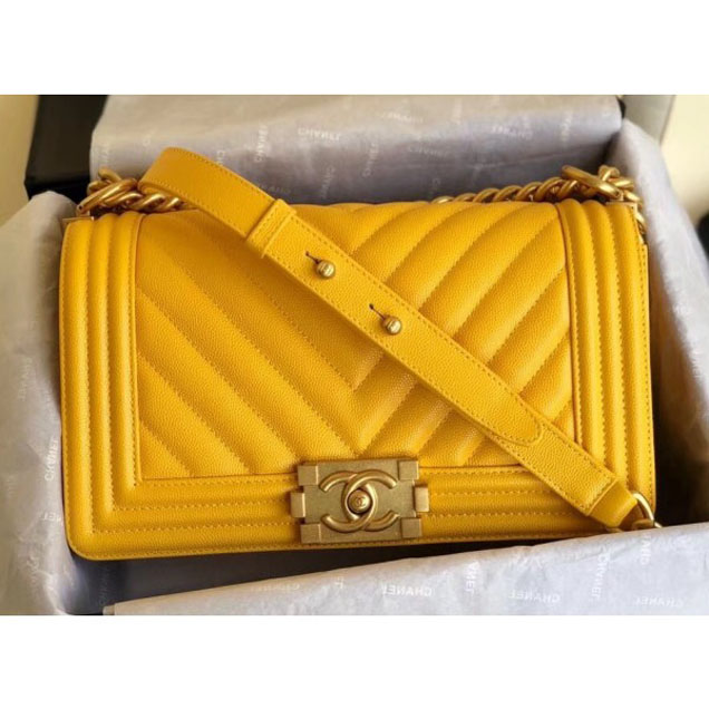 Chanel Caviar Leather Chevron Boy Flap Shoulder Medium Bag Yellow with Gold Hardware 2018