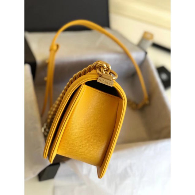 Chanel Caviar Leather Chevron Boy Flap Shoulder Medium Bag Yellow with Gold Hardware 2018