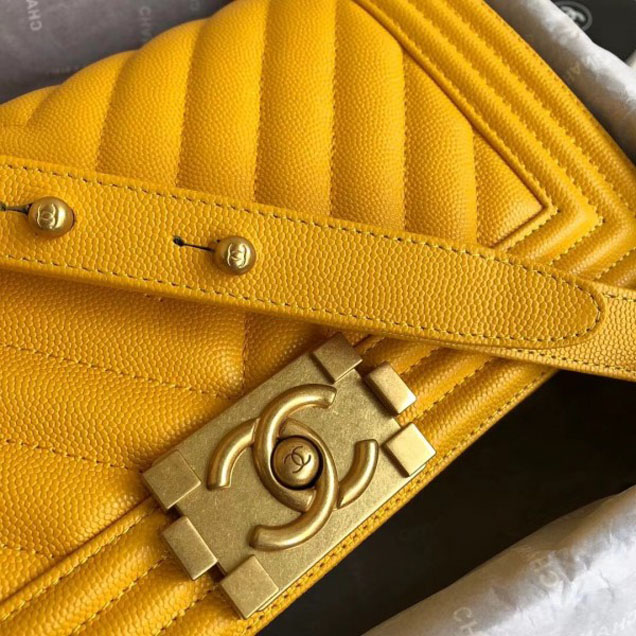 Chanel Caviar Leather Chevron Boy Flap Shoulder Medium Bag Yellow with Gold Hardware 2018