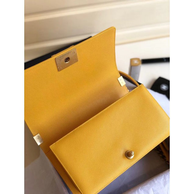 Chanel Caviar Leather Chevron Boy Flap Shoulder Medium Bag Yellow with Gold Hardware 2018