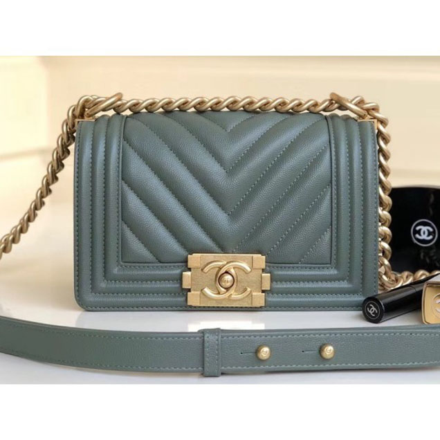 Chanel Caviar Leather Chevron Boy Flap Shoulder Small Bag Gray Green with Gold Hardware 2018