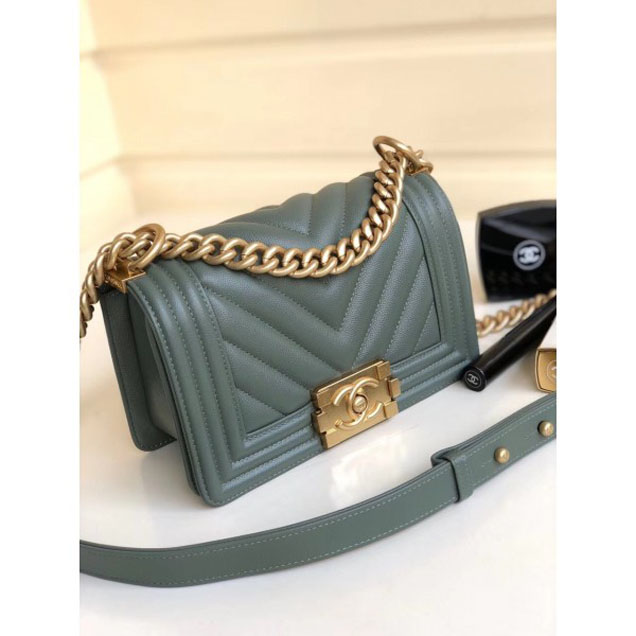 Chanel Caviar Leather Chevron Boy Flap Shoulder Small Bag Gray Green with Gold Hardware 2018