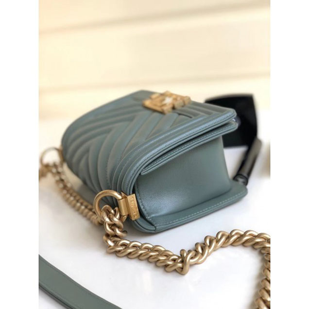 Chanel Caviar Leather Chevron Boy Flap Shoulder Small Bag Gray Green with Gold Hardware 2018