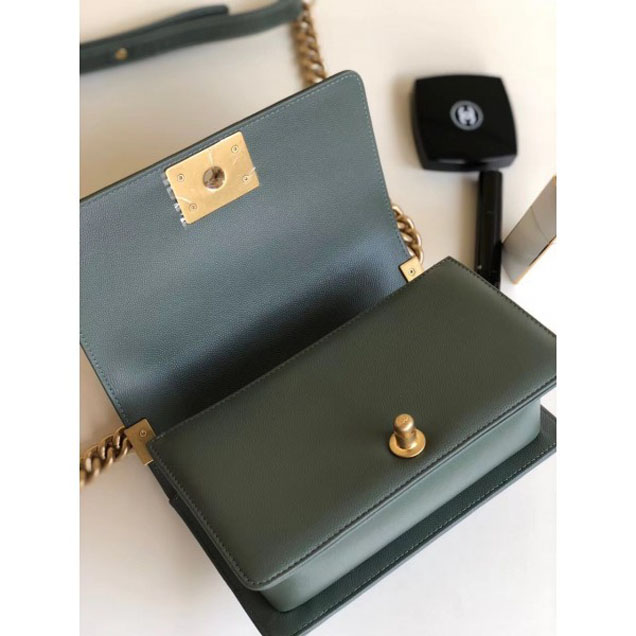 Chanel Caviar Leather Chevron Boy Flap Shoulder Small Bag Gray Green with Gold Hardware 2018