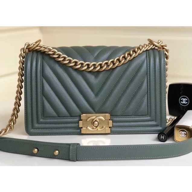 Chanel Caviar Leather Chevron Boy Flap Shoulder Medium Bag Gray Green with Gold Hardware 2018