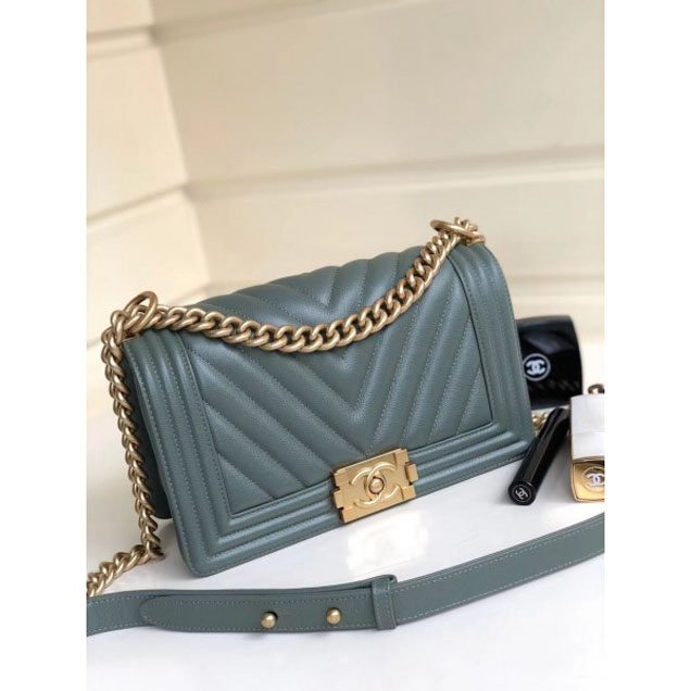 Chanel Caviar Leather Chevron Boy Flap Shoulder Medium Bag Gray Green with Gold Hardware 2018