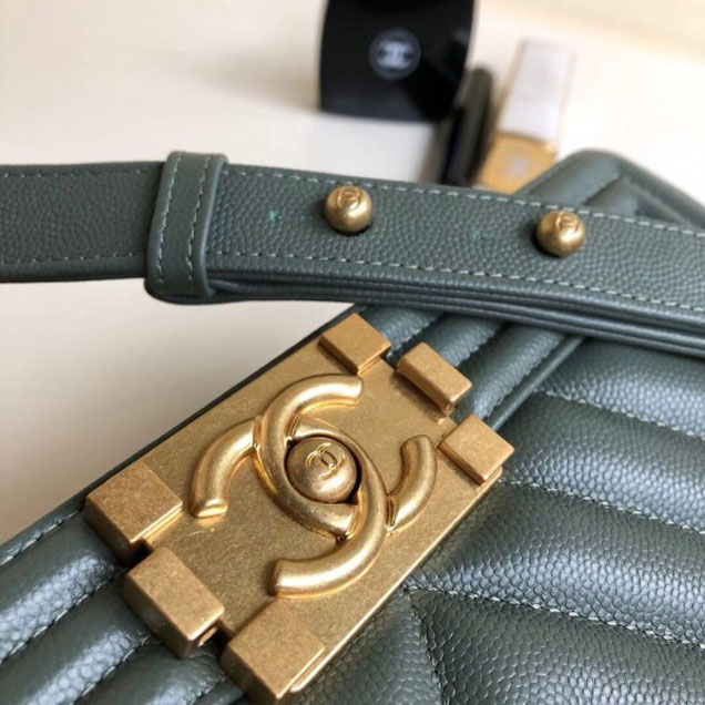 Chanel Caviar Leather Chevron Boy Flap Shoulder Medium Bag Gray Green with Gold Hardware 2018