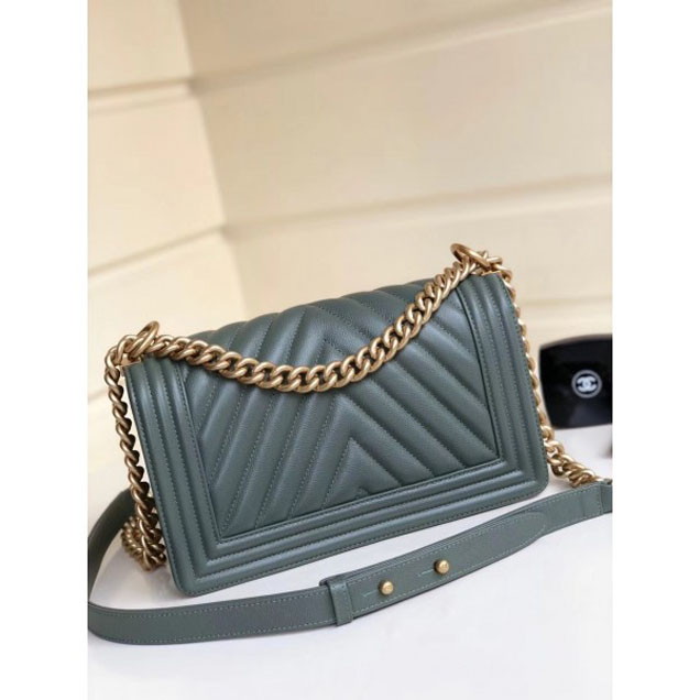 Chanel Caviar Leather Chevron Boy Flap Shoulder Medium Bag Gray Green with Gold Hardware 2018