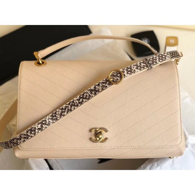 Chanel Calfskin Chevron Chic Large Flap Top Handle Bag A57149 Beige 2018