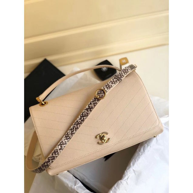 Chanel Calfskin Chevron Chic Large Flap Top Handle Bag A57149 Beige 2018