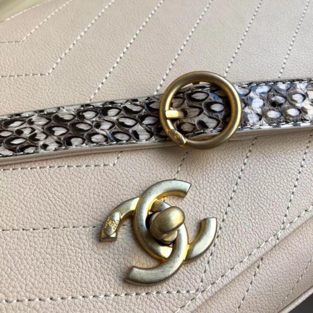 Chanel Calfskin Chevron Chic Large Flap Top Handle Bag A57149 Beige 2018