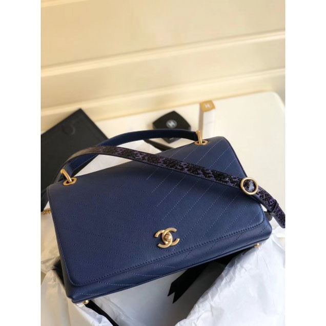 Chanel Calfskin Chevron Chic Large Flap Top Handle Bag A57149 Blue 2018