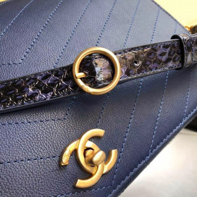 Chanel Calfskin Chevron Chic Large Flap Top Handle Bag A57149 Blue 2018