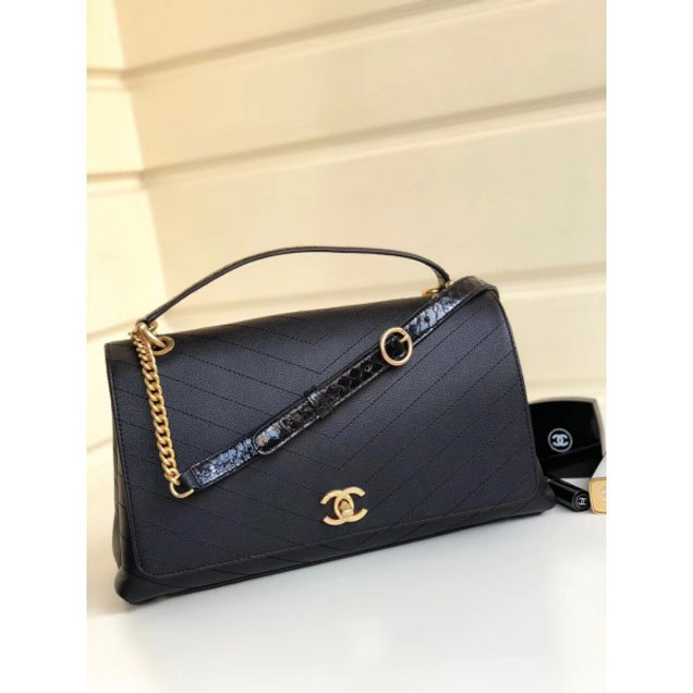 Chanel Calfskin Chevron Chic Large Flap Top Handle Bag A57149 Black 2018