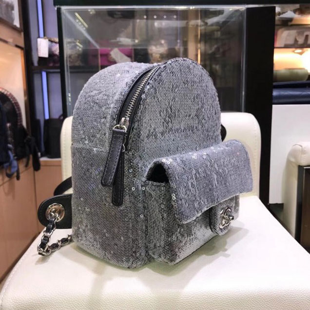 Chanel Sequins Flap Mini Backpack Bag A57418 Gray 2018