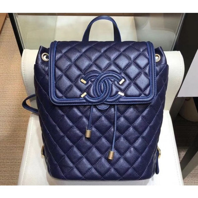 Chanel Caviar Leather CC Filigree Backpack Bag A91228 Dark Blue 2018