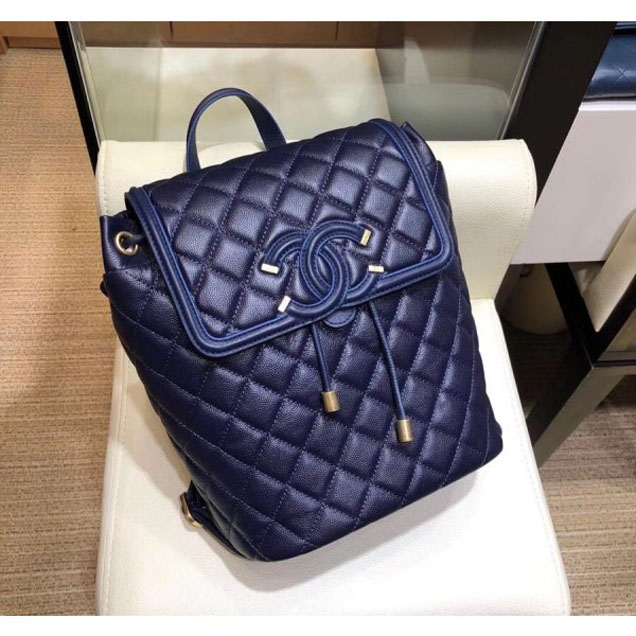 Chanel Caviar Leather CC Filigree Backpack Bag A91228 Dark Blue 2018