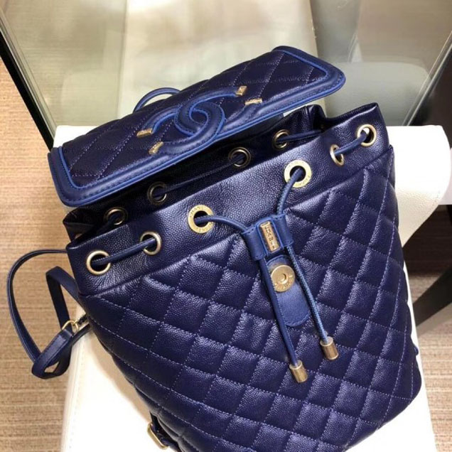 Chanel Caviar Leather CC Filigree Backpack Bag A91228 Dark Blue 2018