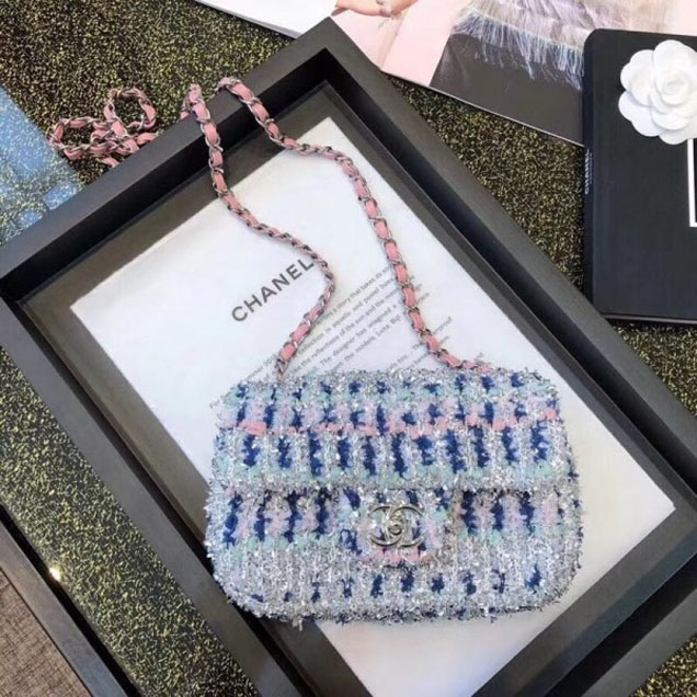 Chanel Tweed Sequins Small Flap Bag Blue/Pink 2018